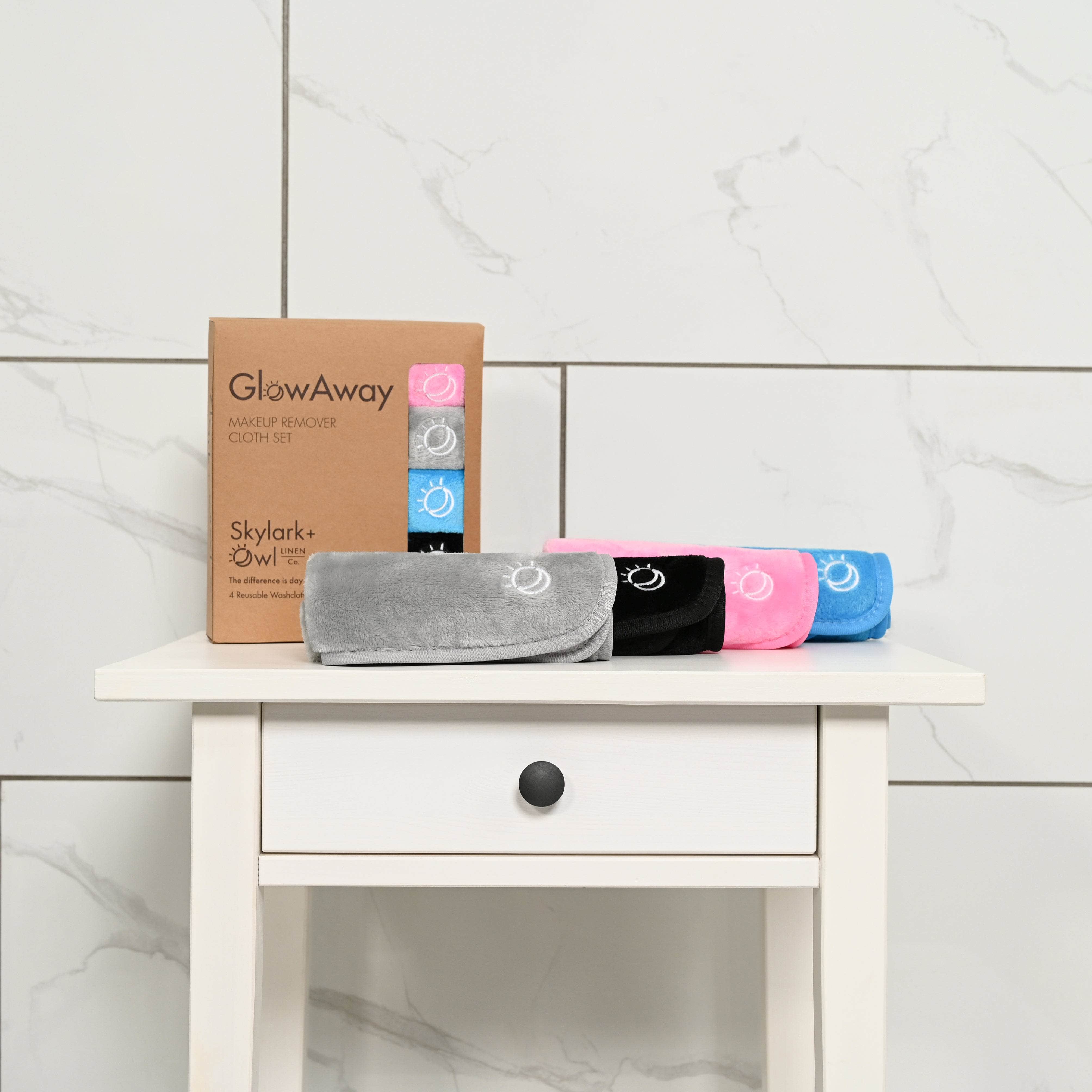 GlowAway product set on a white surface with a tiled wall background