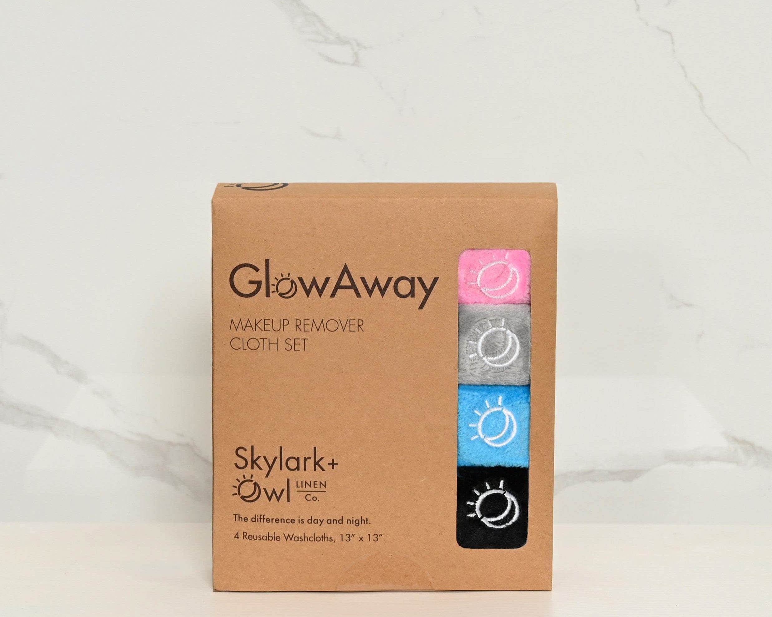 Box of Glow Away makeup remover cloth set on a white background