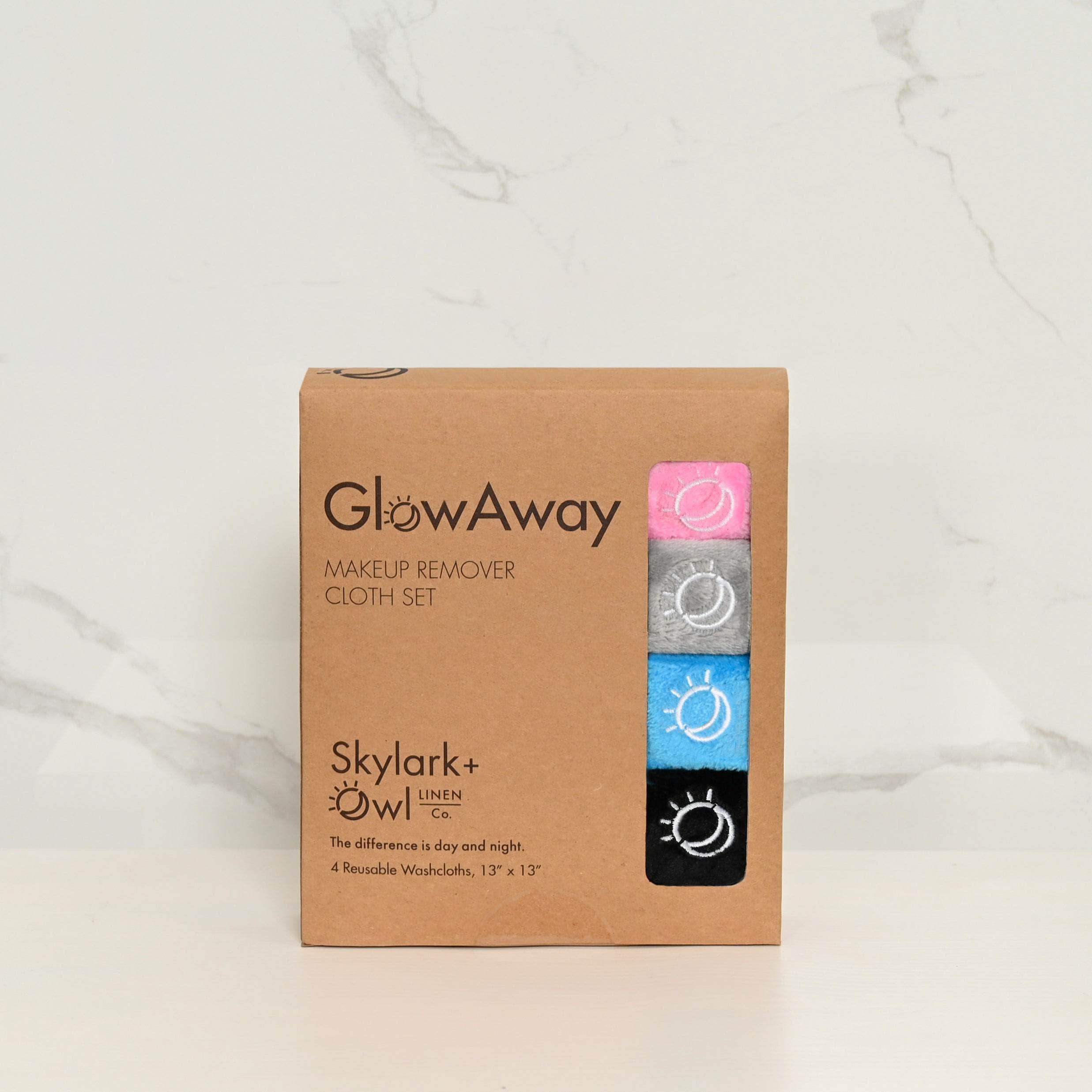 Box of Glow Away makeup remover cloth set on a white background