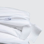 Image of a folded white mattress encasement on a white background showcasing the locking zipper