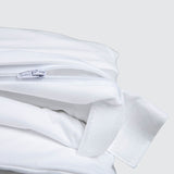 Image of a folded white mattress encasement on a white background showcasing the locking zipper
