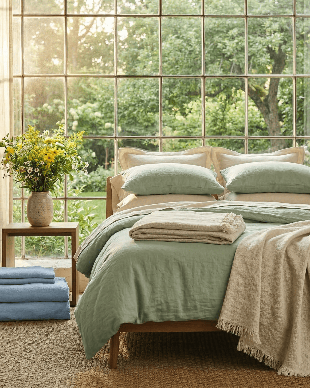 Bedroom with green bedding and beige towels, large window showing greenery outside.