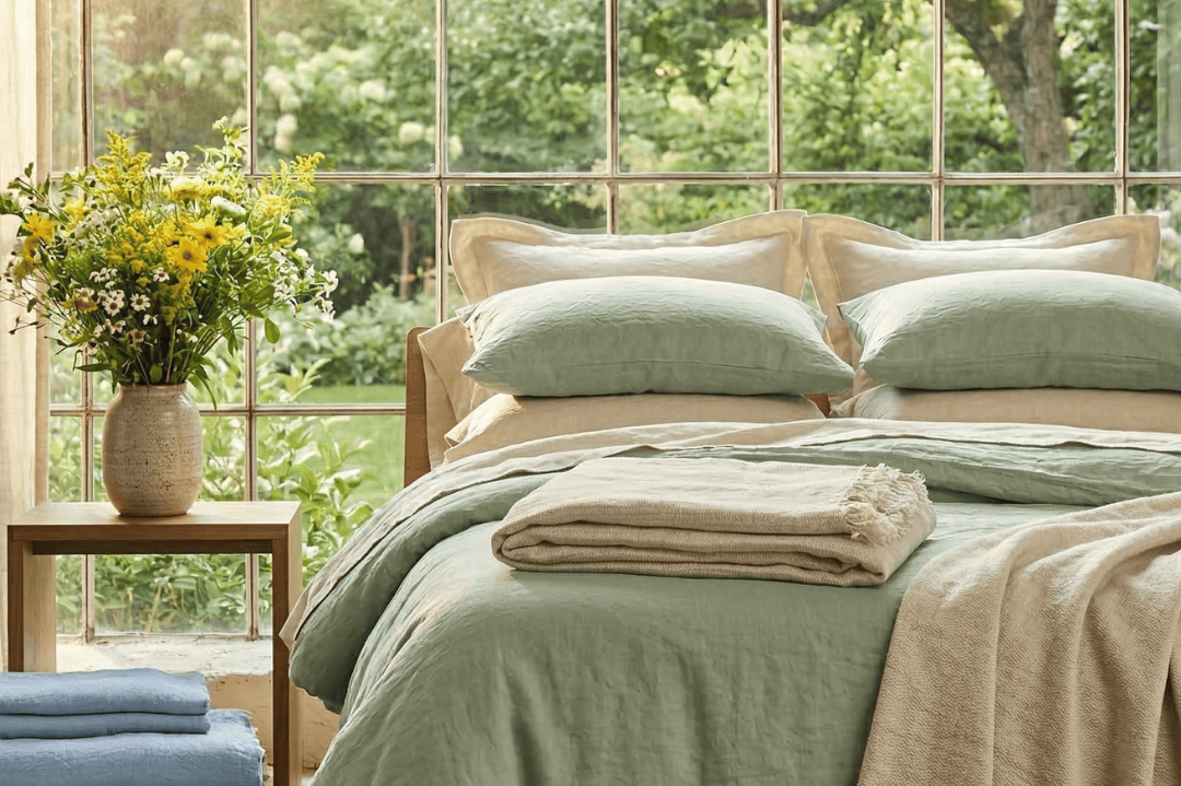 Bedroom with green bedding and beige towels, large window showing greenery outside.