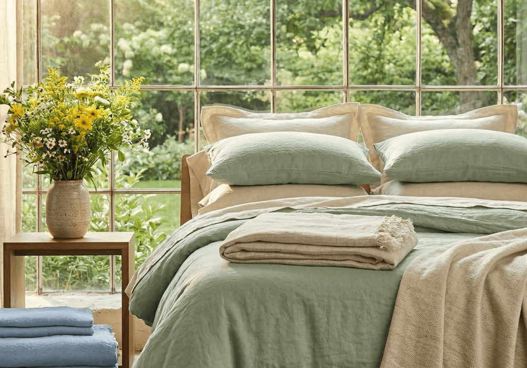 Bedroom with green bedding and beige towels, large window showing greenery outside.