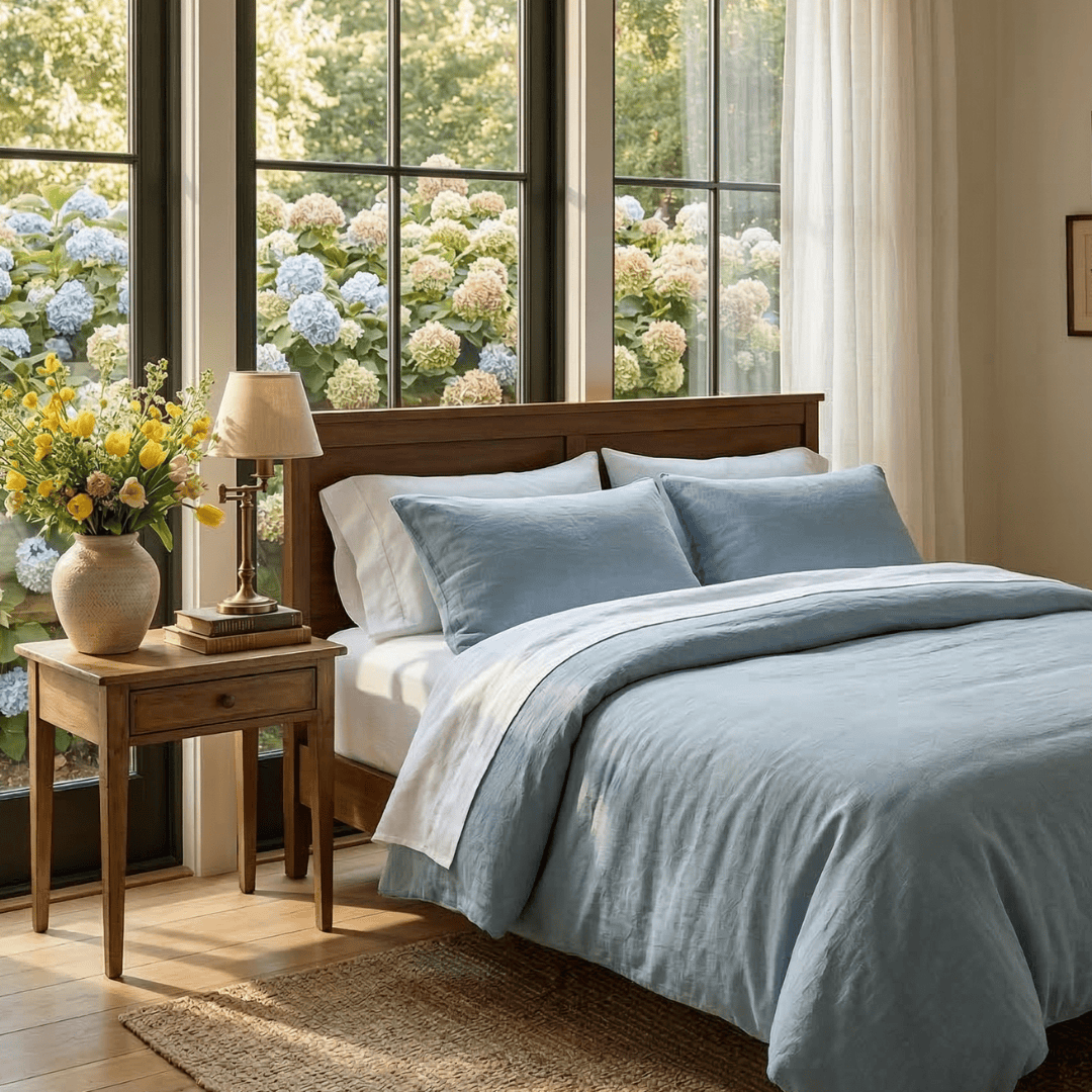Bedroom with blue bedding, wooden nightstand, and large windows with floral view.