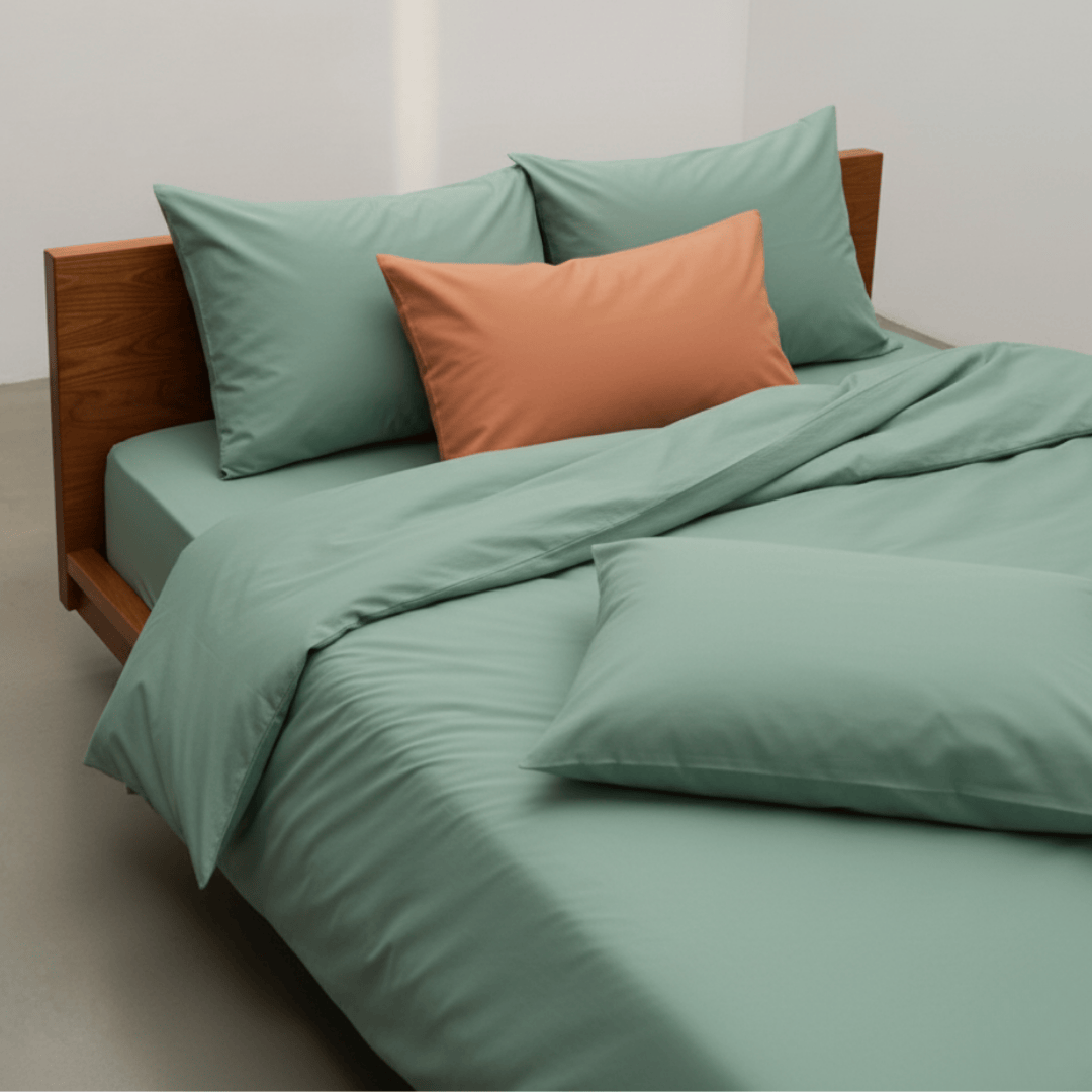 Bed with green bedding and pillows on a plain background