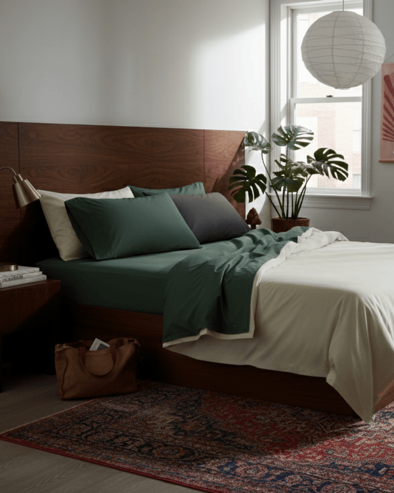 Bedroom with a wooden headboard, green bedding, and a plant near a window.