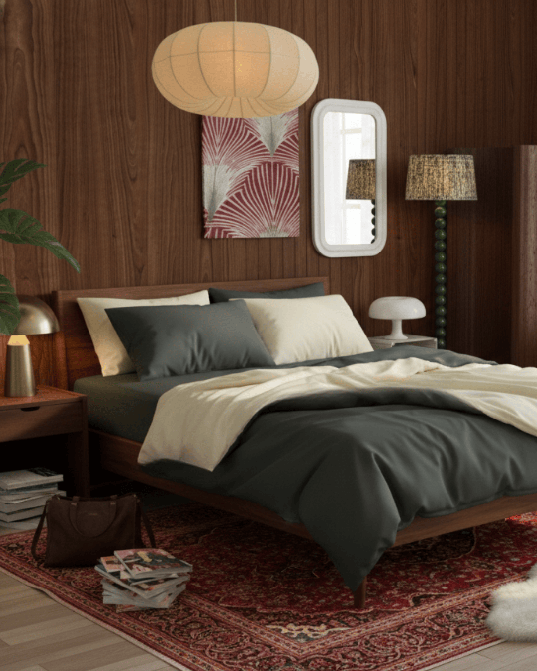 Bedroom with wooden bed, gray bedding, and decorative elements on a wooden wall.