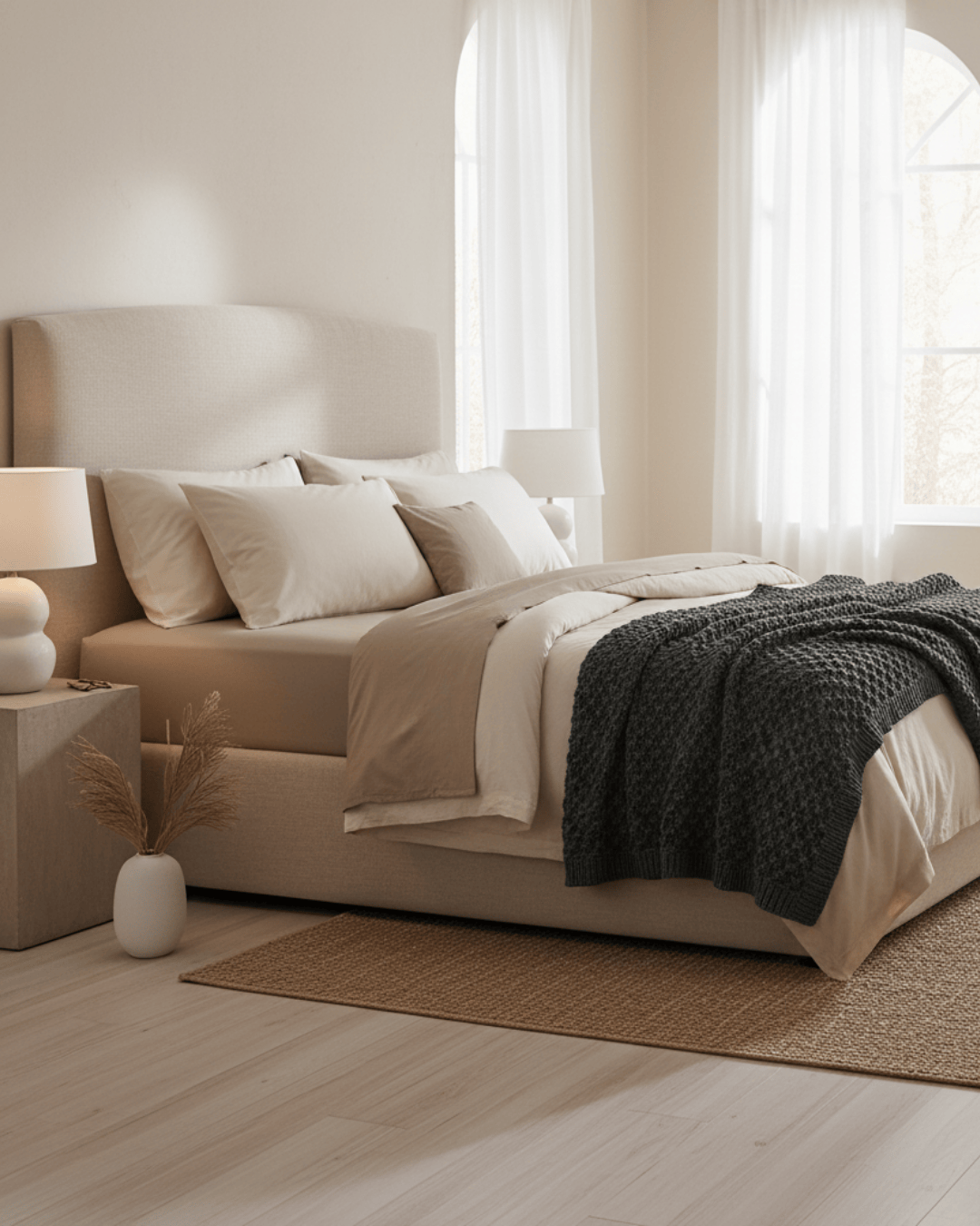 Neatly made bed with beige bedding and a dark throw blanket in a bright bedroom.