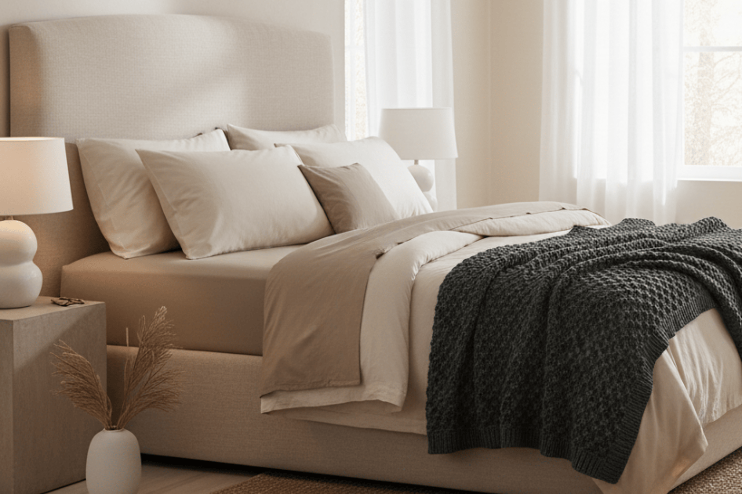 Neatly made bed with beige bedding and a dark throw blanket in a bright bedroom.