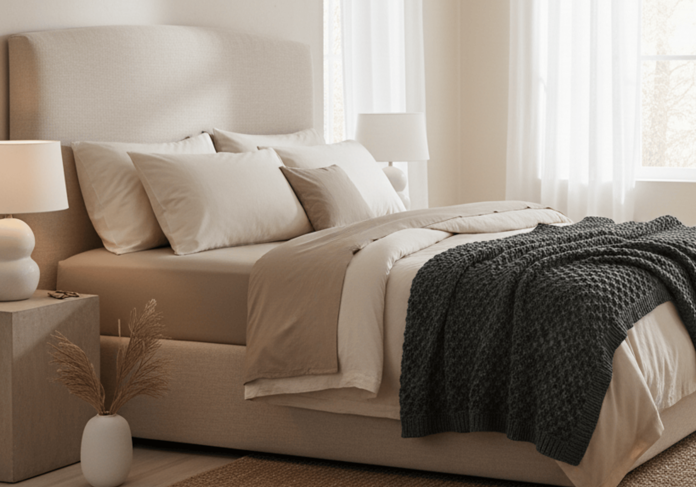 Neatly made bed with beige bedding and a dark throw blanket in a bright bedroom.