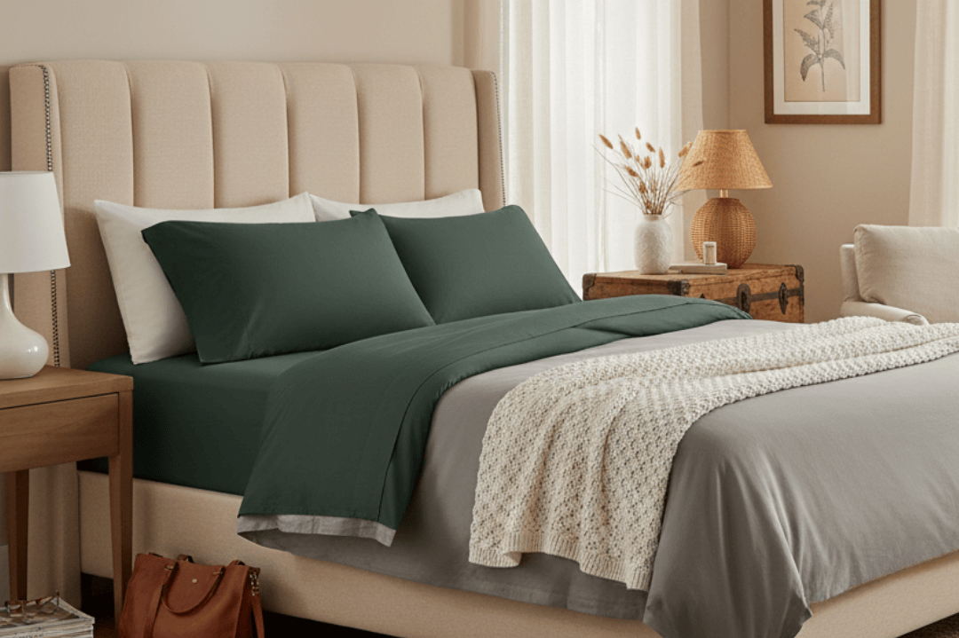 Neatly made bed with green and gray bedding in a bedroom setting.