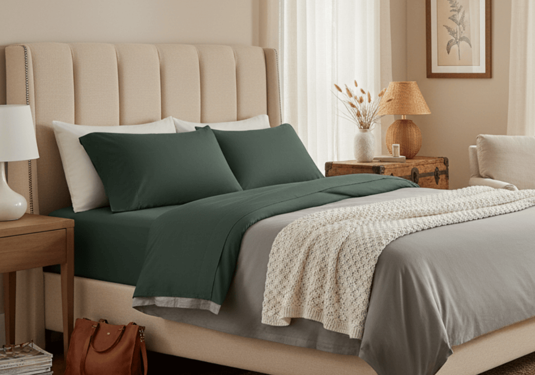 Neatly made bed with green and gray bedding in a bedroom setting.
