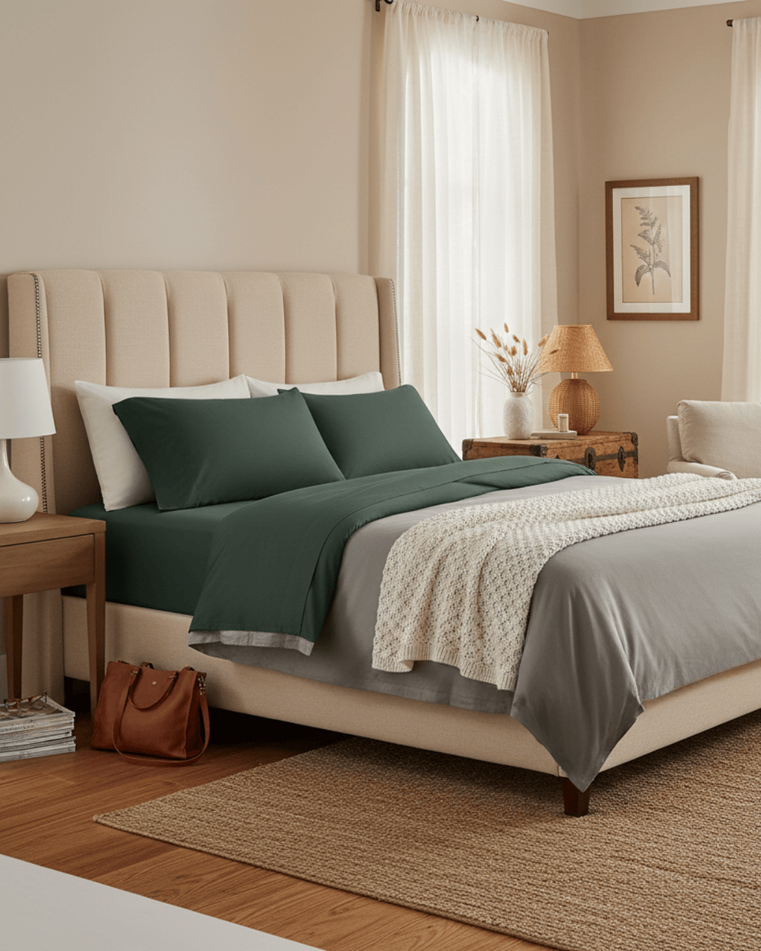 Neatly made bed with green and gray bedding in a bedroom setting.