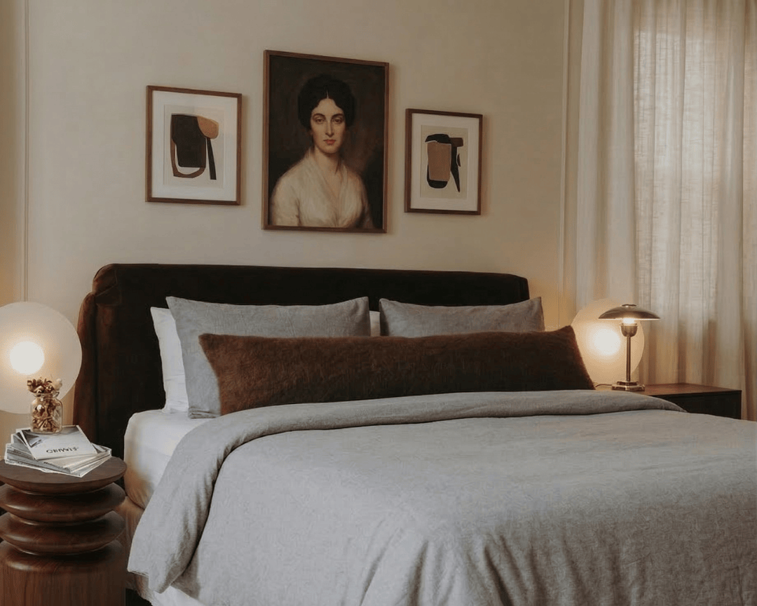 Neatly made bed in a bedroom with decorative pillows and wall art.