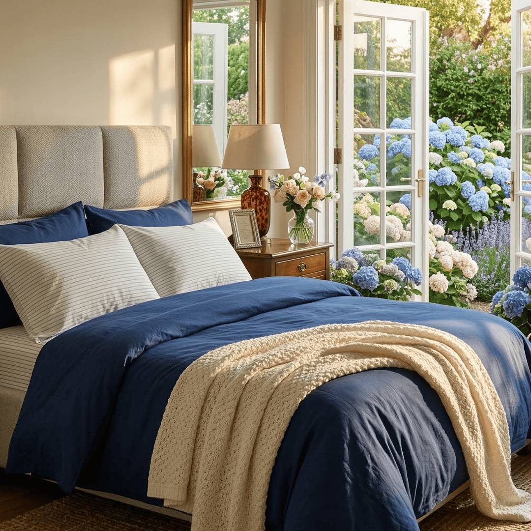 Bedroom with blue bedding and beige throw, open French doors leading to a garden with flowers.