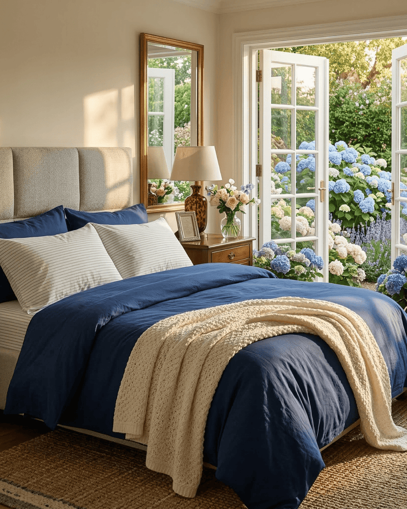 Bedroom with blue bedding and beige throw, open French doors leading to a garden with flowers.