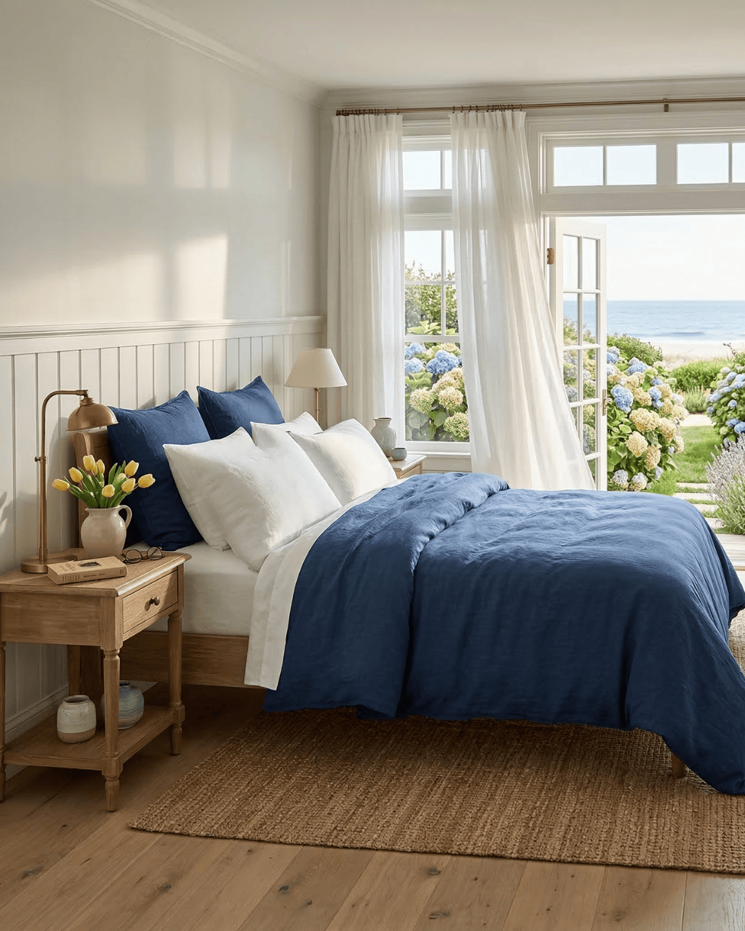 Bedroom with a bed covered in blue bedding and white pillows, wooden nightstands, and large windows with outdoor view.