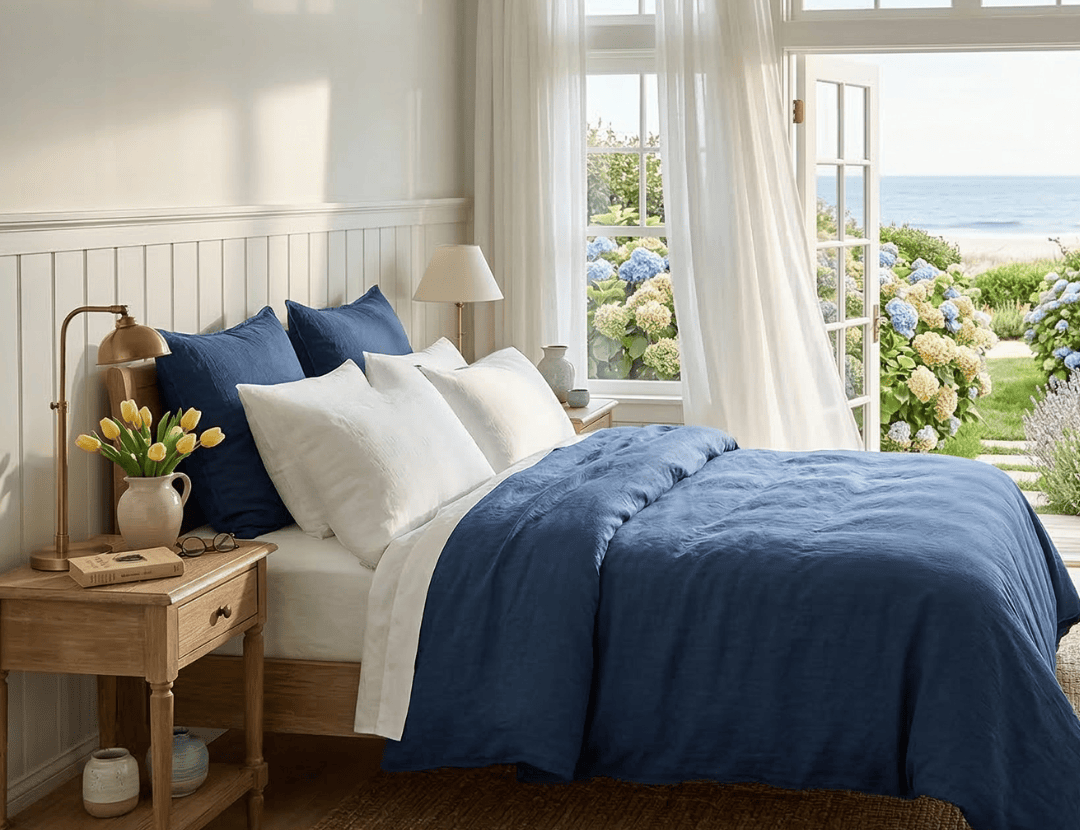 Bedroom with a bed covered in blue bedding and white pillows, wooden nightstands, and large windows with outdoor view.
