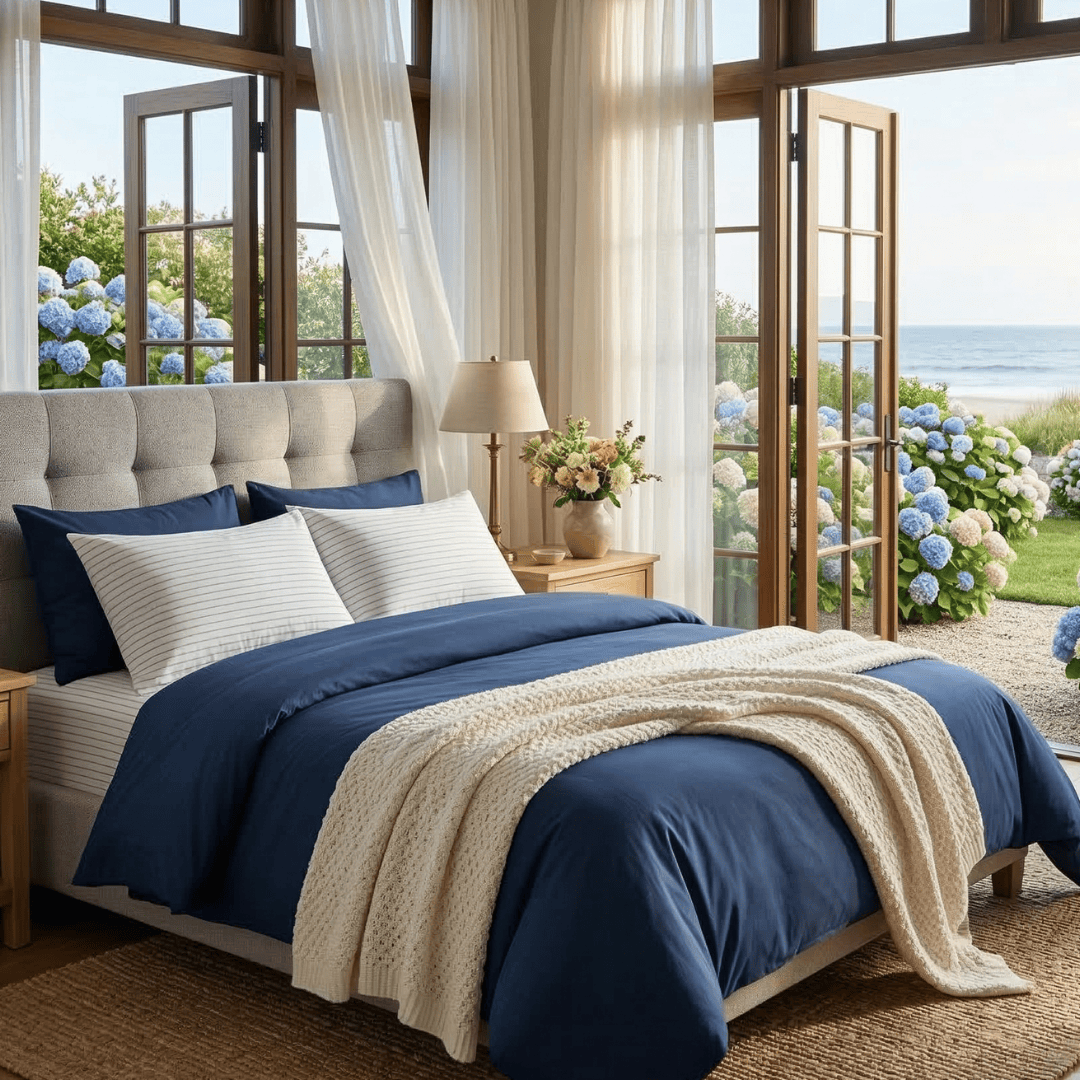 Bedroom with blue bedding and beige accents, large windows, and outdoor view.
