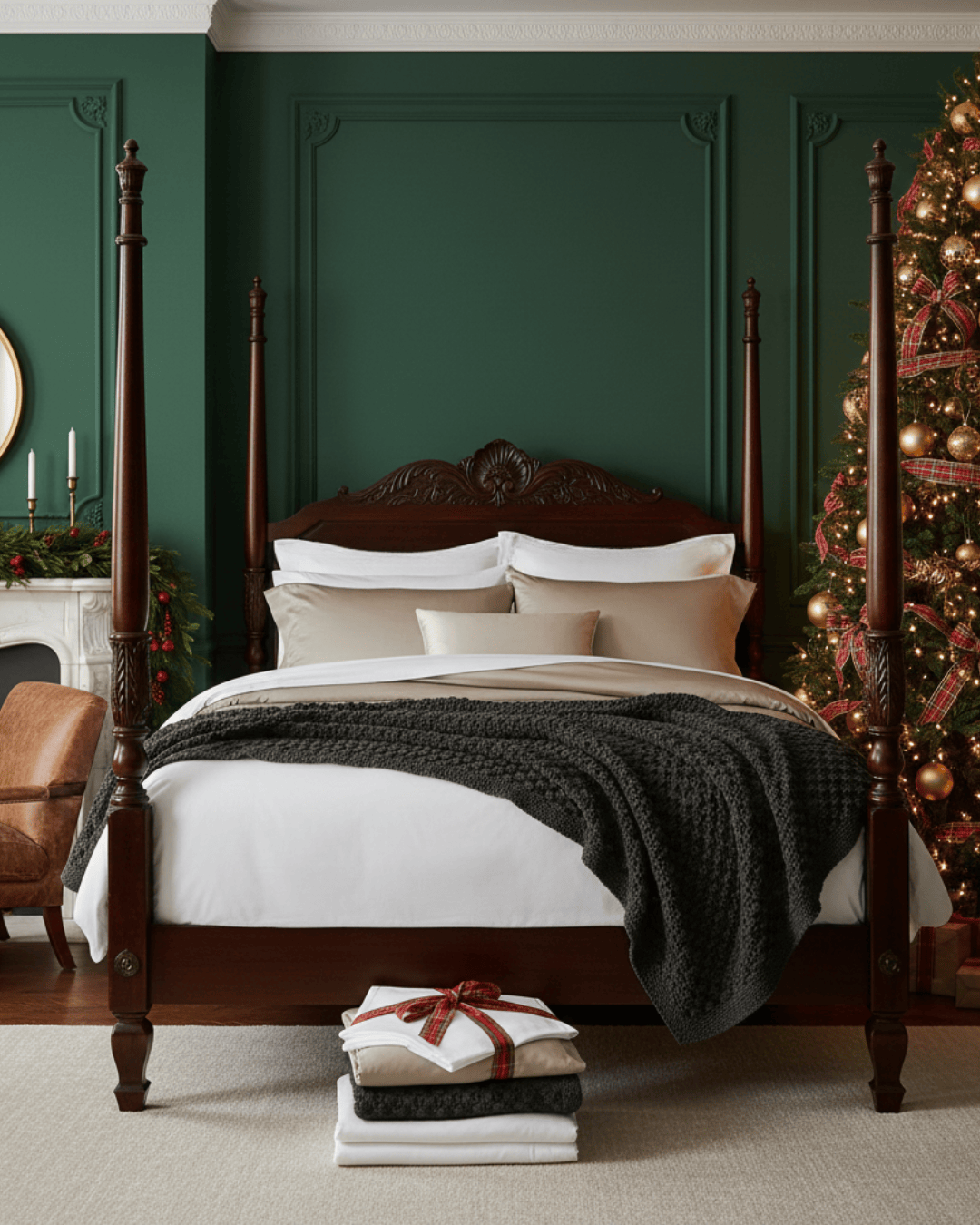 Bedroom with dark green walls, wooden bed, and Christmas tree.