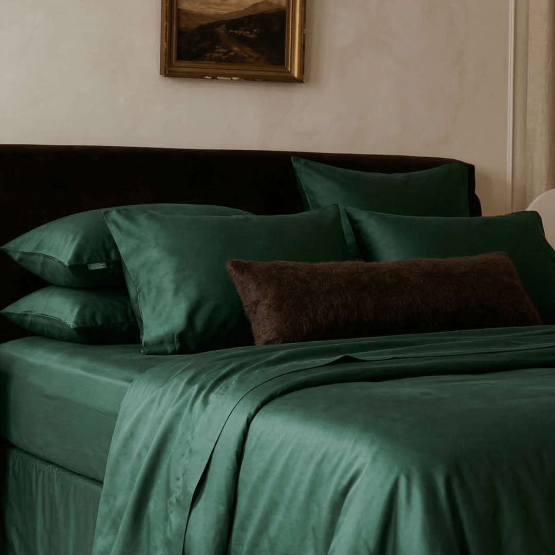 Bed with green bedding and a brown pillow, framed picture on the wall.
