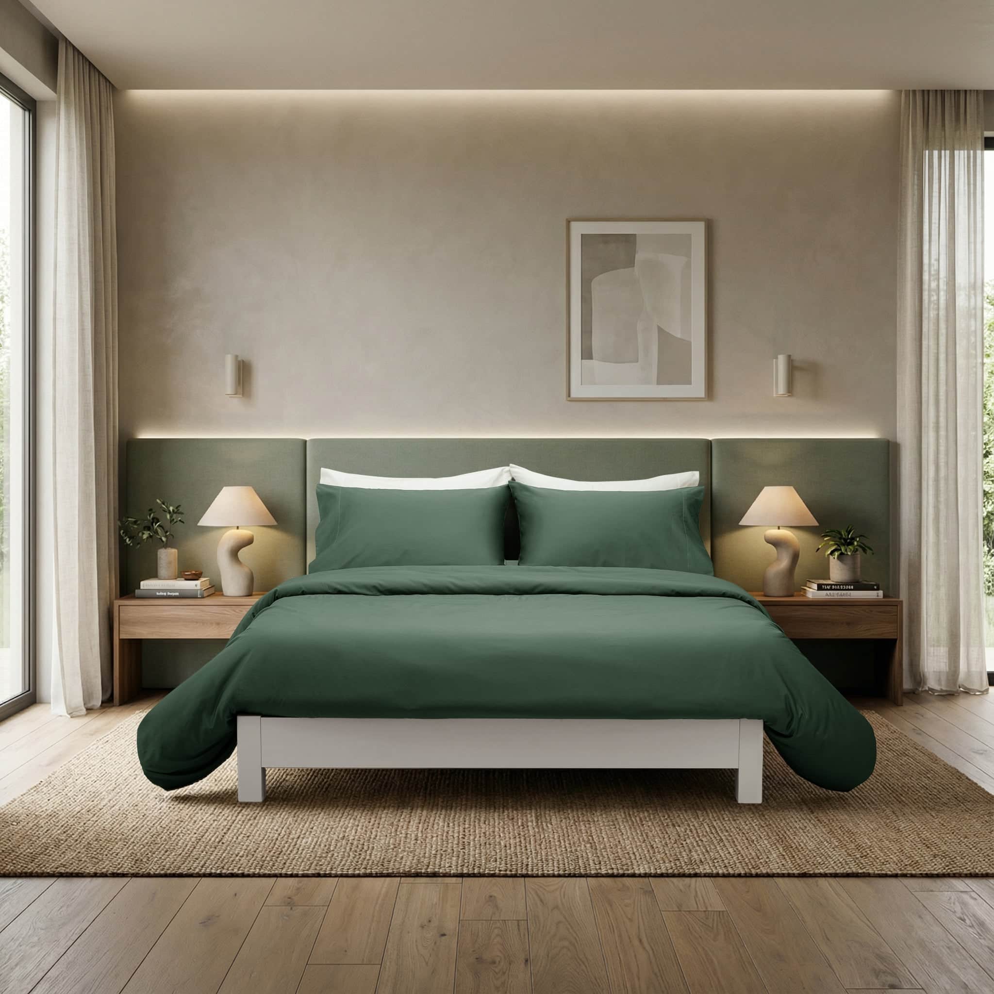 Modern bedroom with green bedding and wooden furniture.