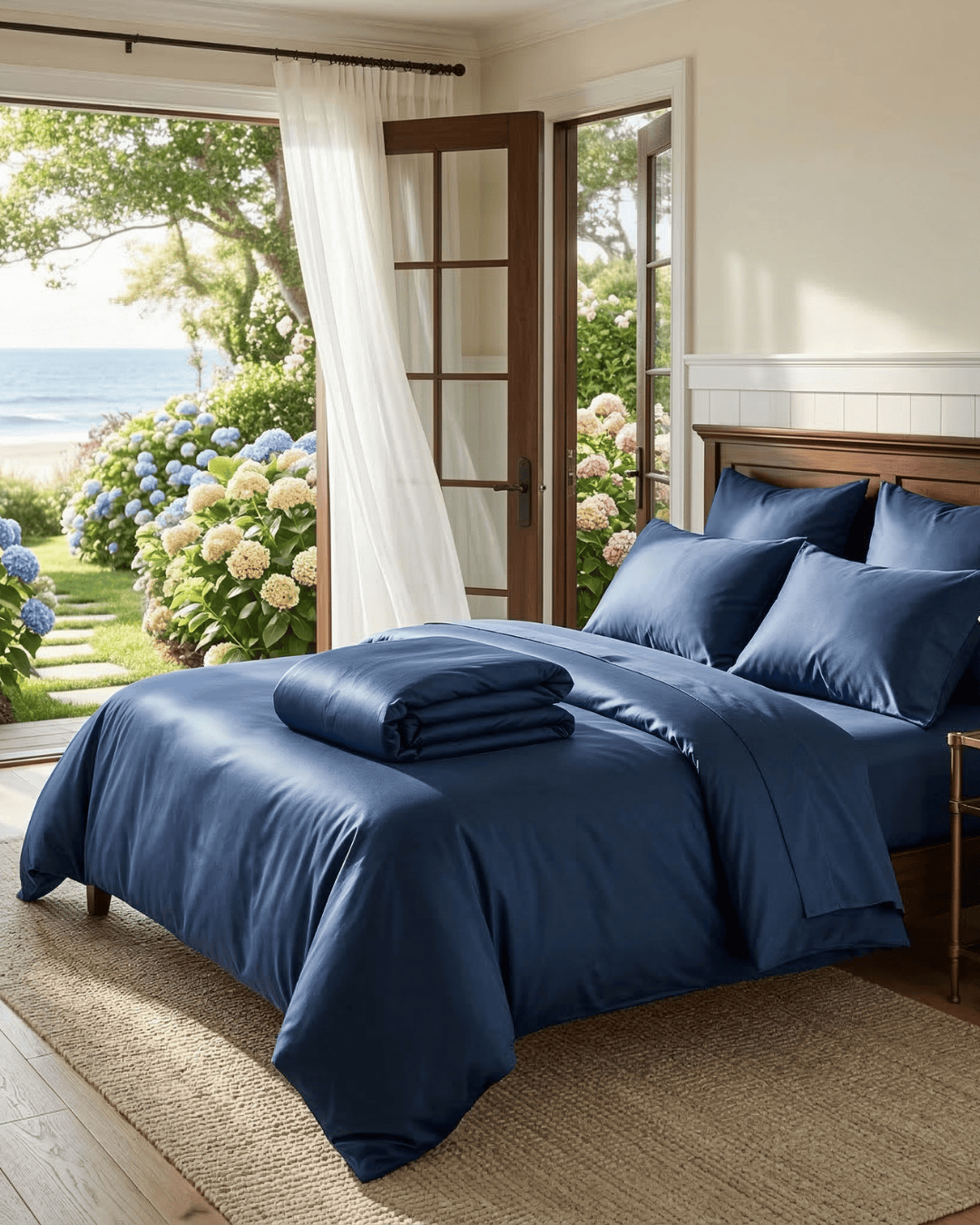Bedroom with blue bedding and pillows, large windows overlooking a garden.