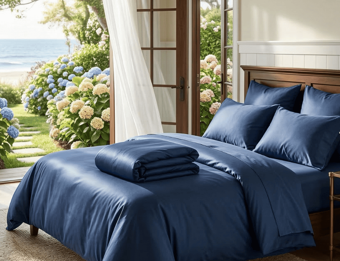 Bedroom with blue bedding and pillows, large windows overlooking a garden.