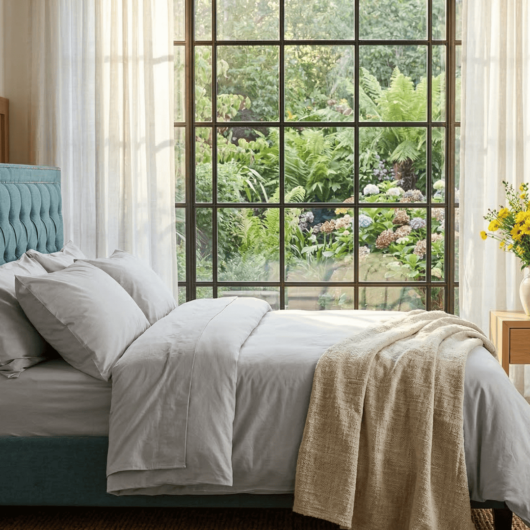 Bedroom with large window view of a garden