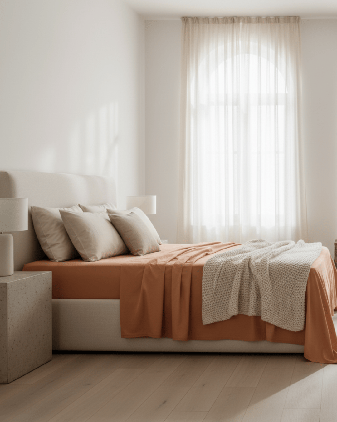 Neatly made bed with orange bedding and beige pillows in a bright bedroom.