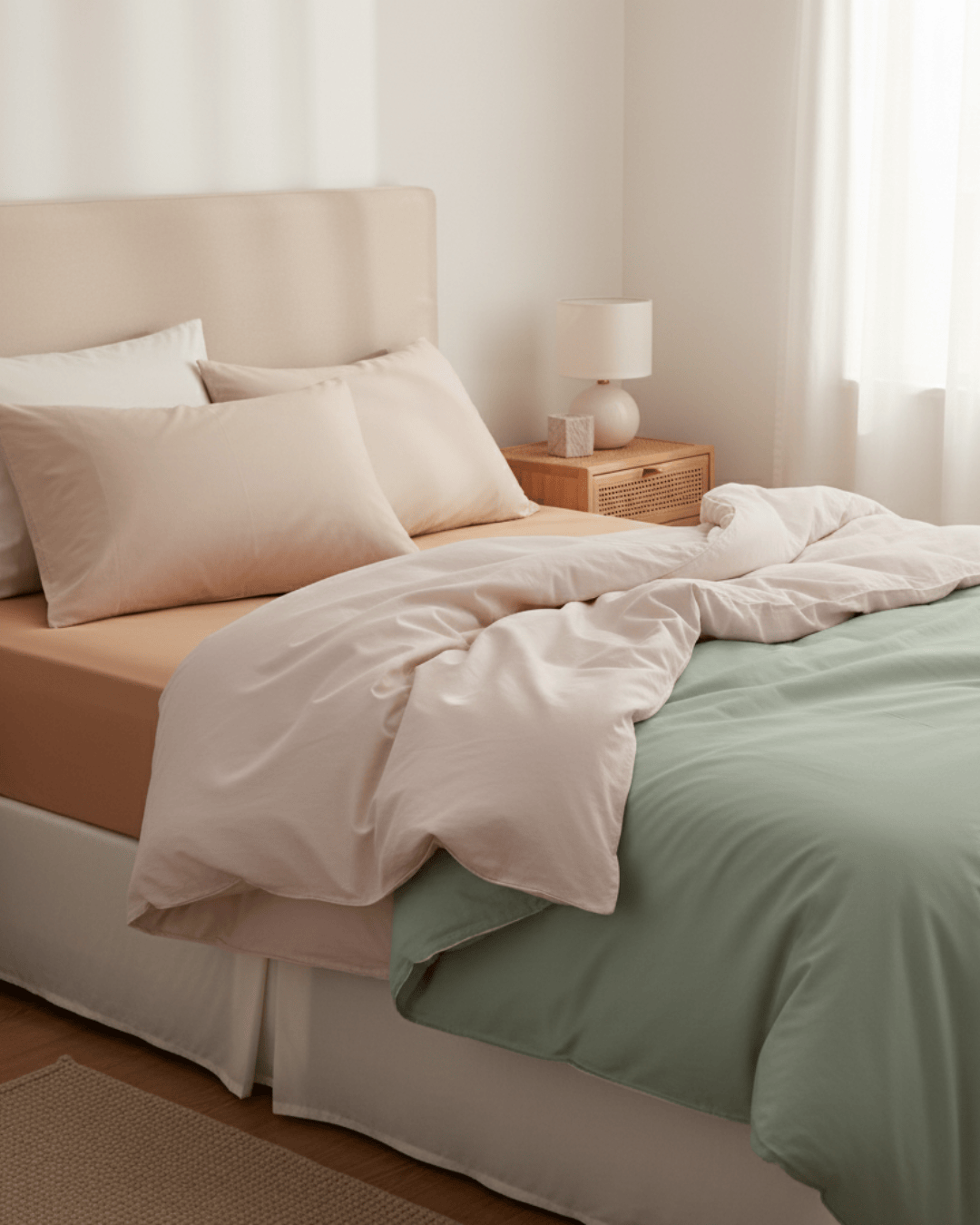 Neatly made bed with beige and green bedding in a softly lit bedroom.