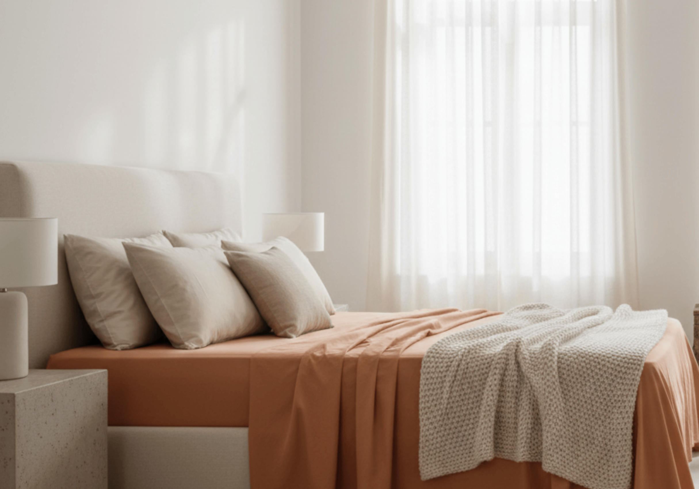 Neatly made bed with orange bedding and beige pillows in a bright bedroom.