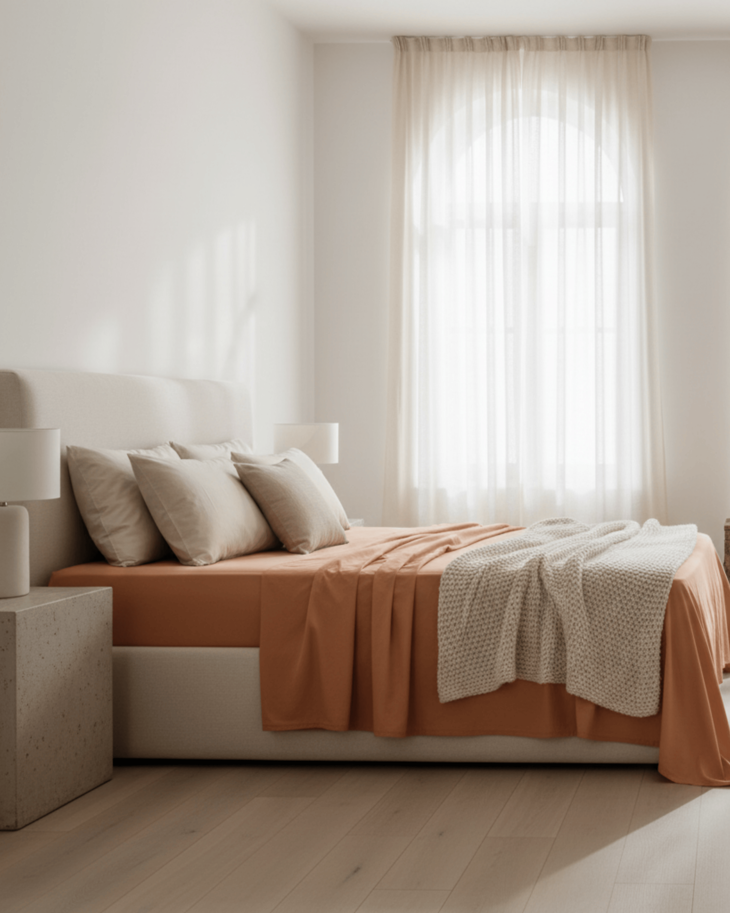Neatly made bed with orange bedding and beige pillows in a bright bedroom.