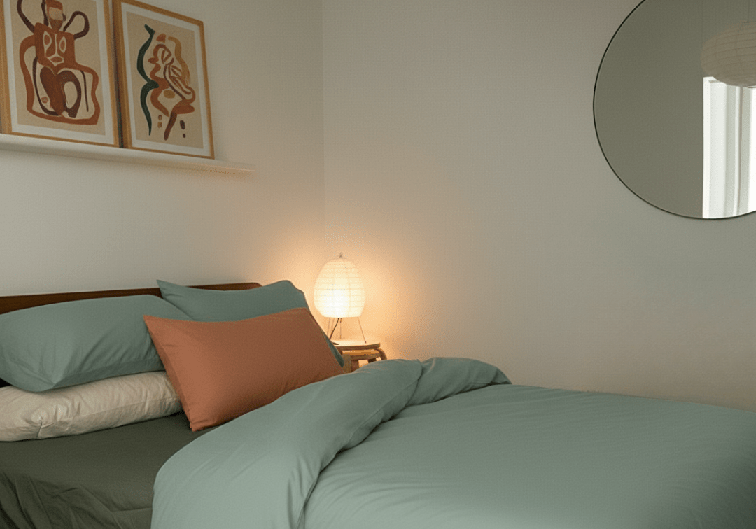 Bedroom with a bed featuring green bedding and pillows, wall art, and a lamp.
