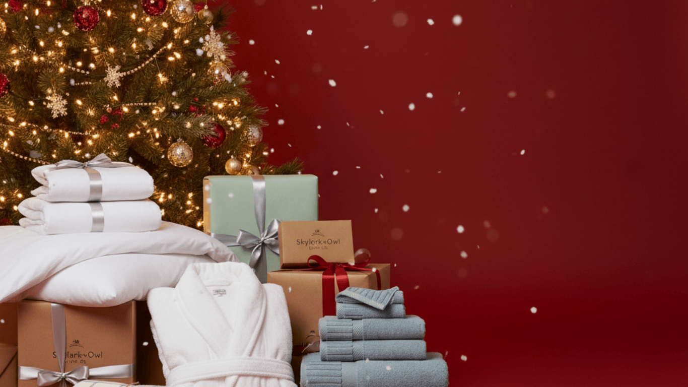 Stack of folded towels with Christmas tree and presents on a red background