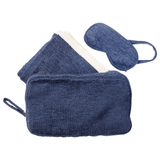 Merino Wool Travel Set in Navy which includes an Eye Mask, a Blanket and a Travel Case