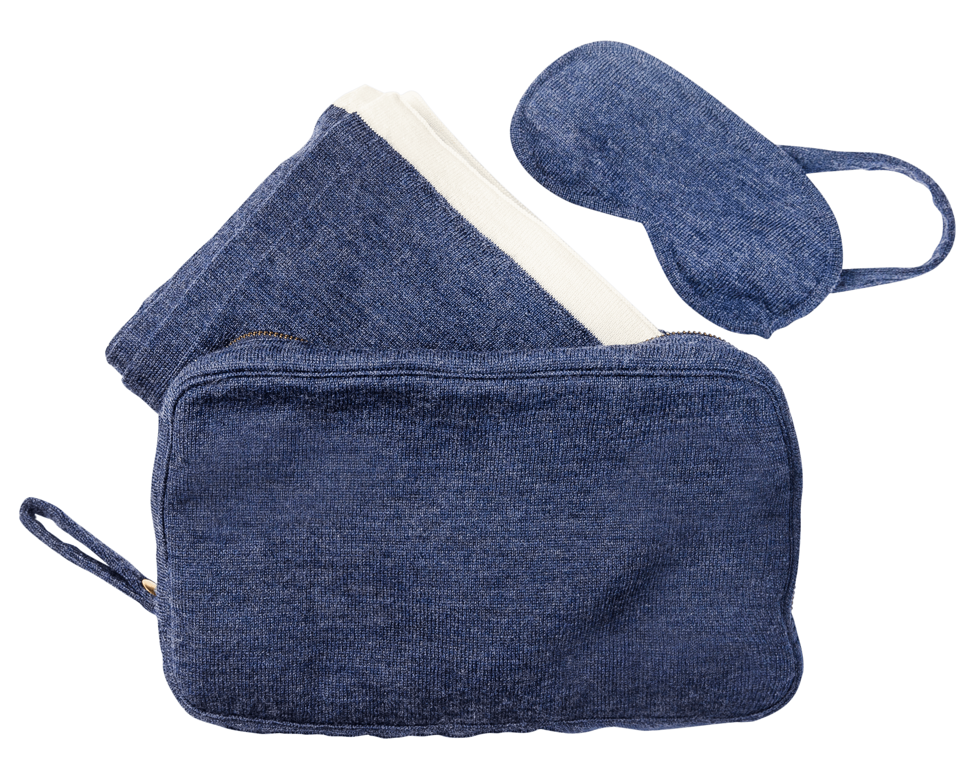 Merino Wool Travel Set in Navy which includes an Eye Mask, a Blanket and a Travel Case