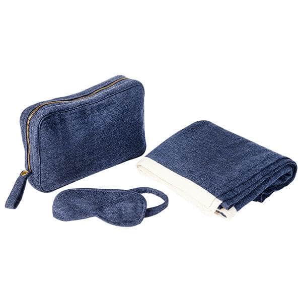 Merino Wool Travel Set in Navy which includes an Eye Mask, a Blanket and a Travel Case