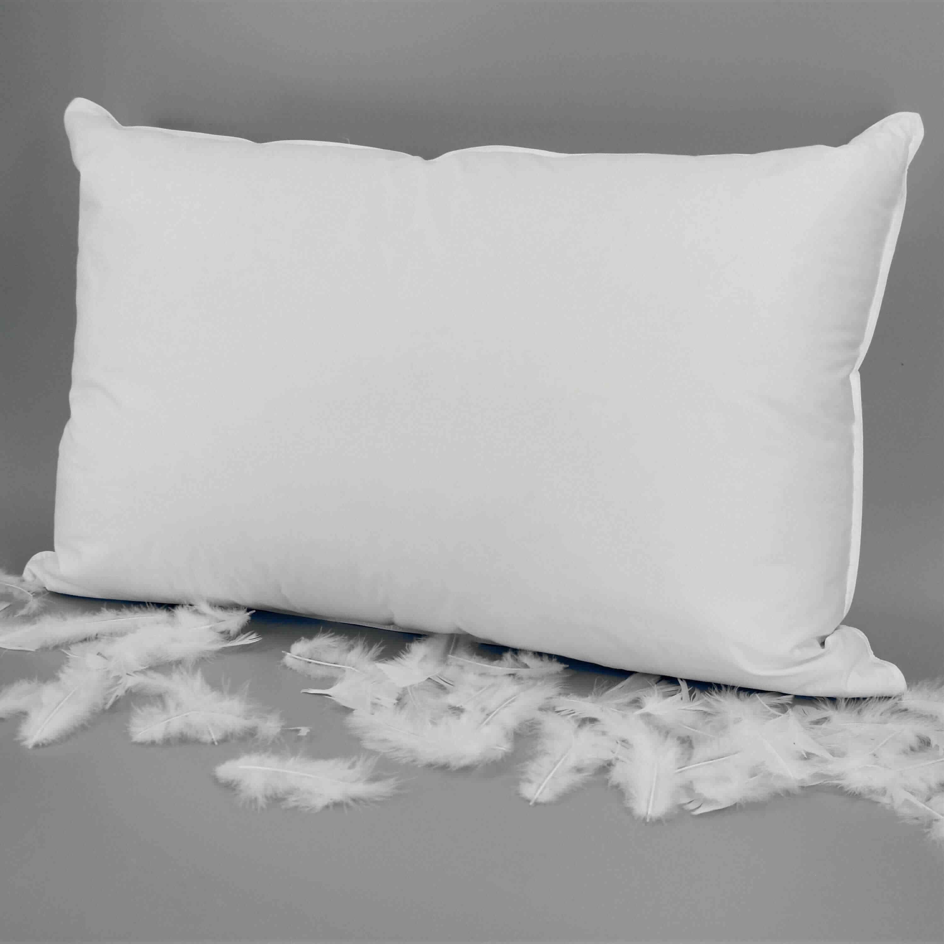 Frontal view of Canadian Hutterite Down Pillow shown with feathers