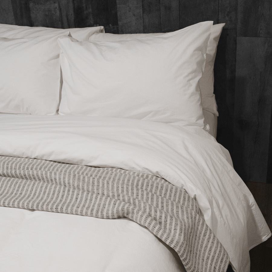 Washed Percale Duvet cover in white with new zealand lambswool blanket | Skylark+Owl Linen Co.