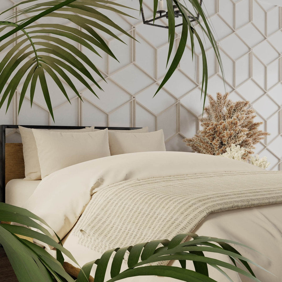 Bed featuring Essential Collection Percale Duvet Cover & Pillowcase Set in Dune
