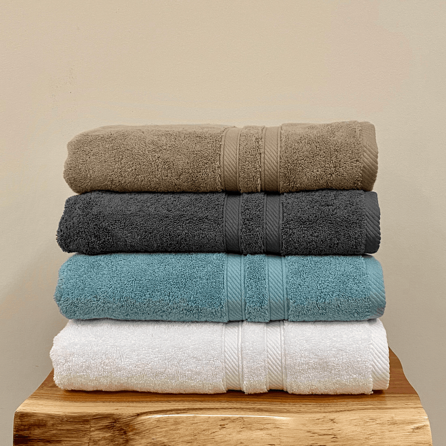 Truffle, Dark Grey, Blue and White Element Turkish Cotton Bath Towels stacked