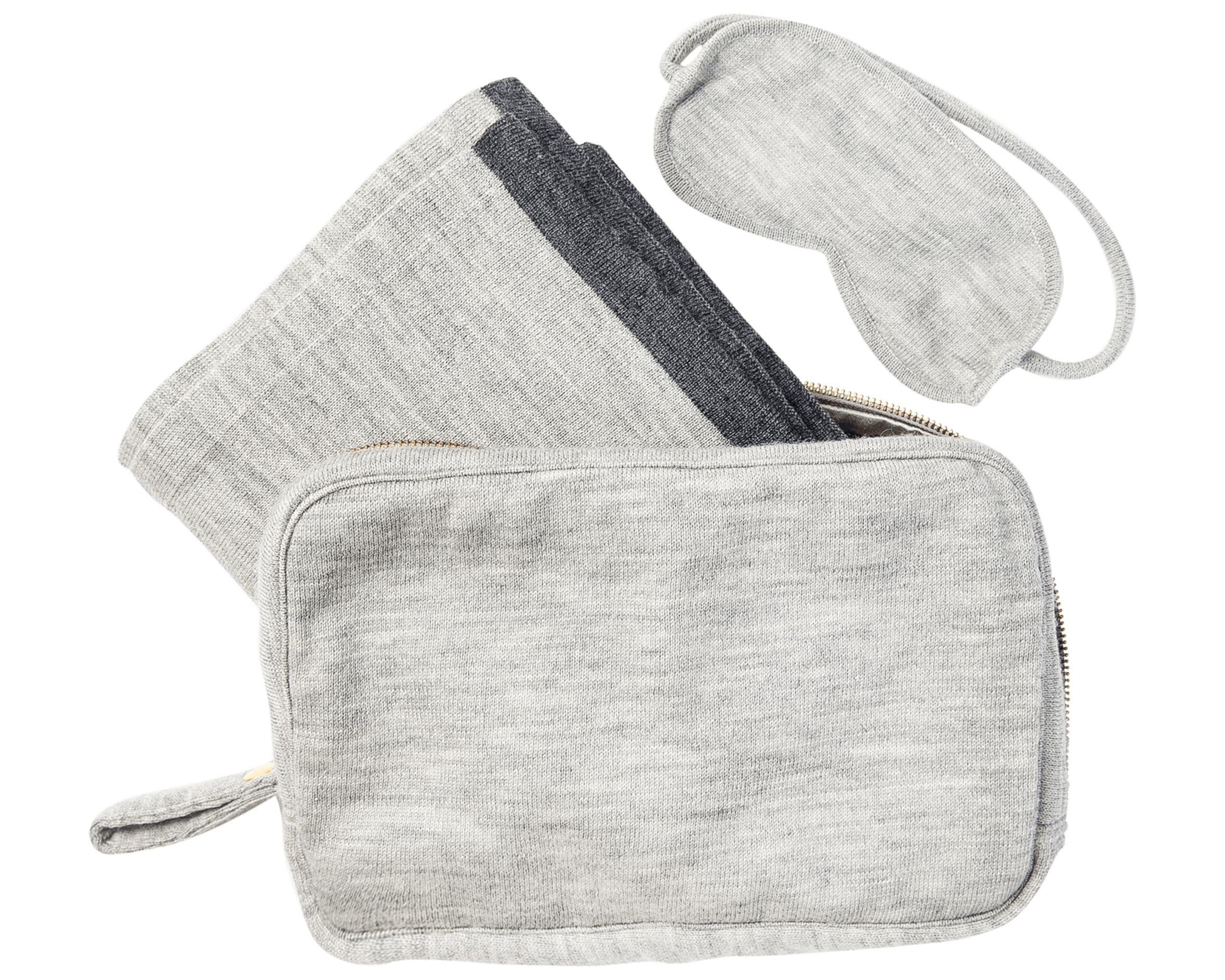 Merino Wool Travel Set in Light Grey which includes an Eye Mask, a Blanket and a Travel Case