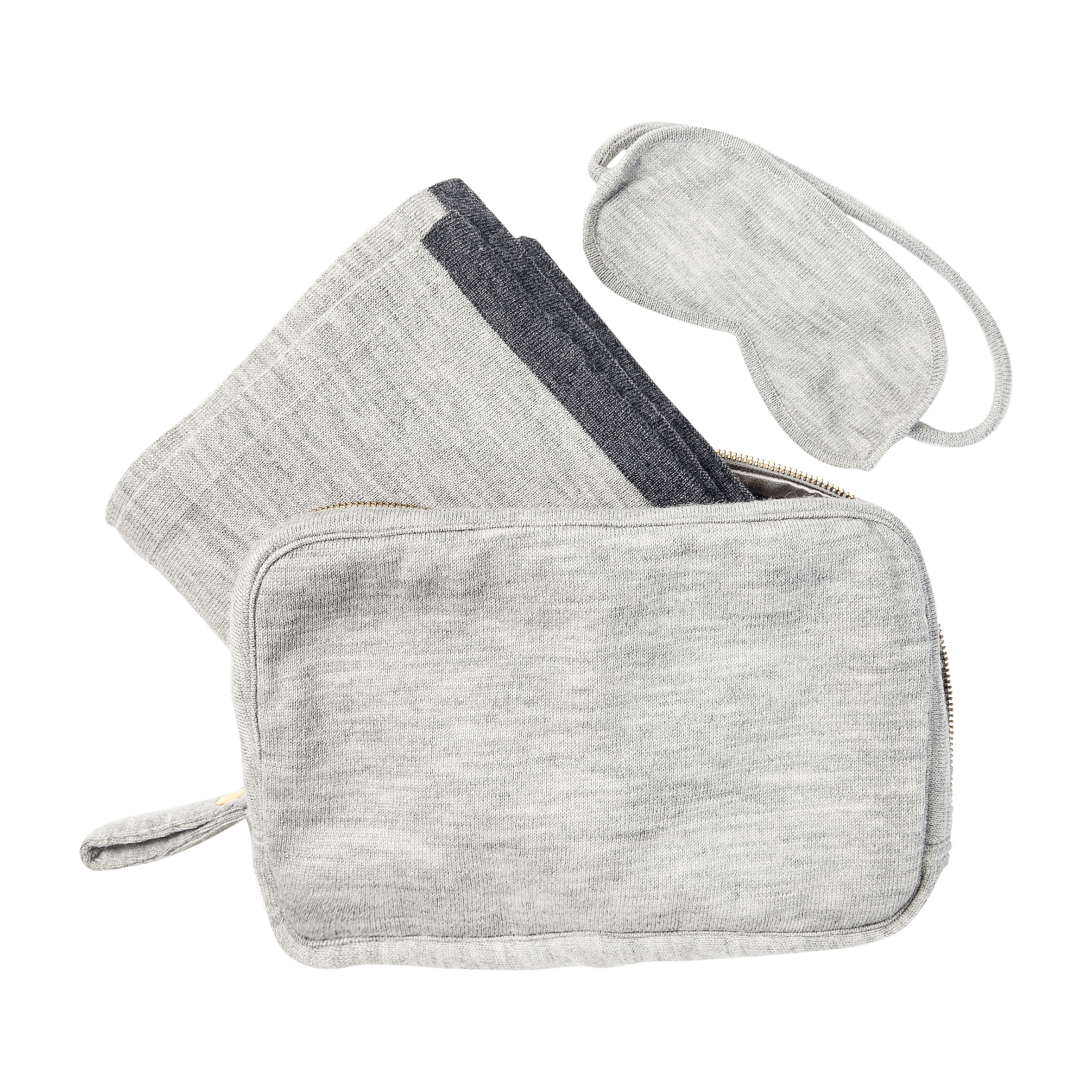 Merino Wool Travel Set in Light Grey which includes an Eye Mask, a Blanket and a Travel Case