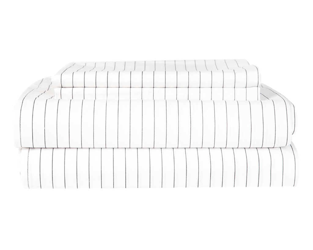 Essential Collection Percale Sheet set in Charcoal Stripe which includes 1 flat sheet, 1 fitted sheet and 2 pillowcases