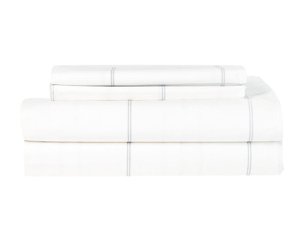 Essential Collection Percale Sheet set in Light Grey Frame which includes 1 flat sheet, 1 fitted sheet and 2 pillowcases 