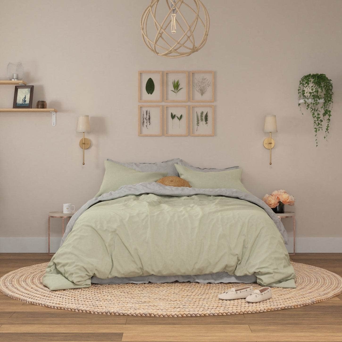 Bed featuring Linen Duvet Cover and Pillowcases in Seafoam with Linen Sheet Set in Mushroom