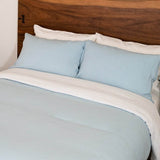 Bed with Linen Duvet Cover in Blue Mist and Linen Sheet Set in White