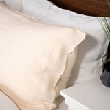 close up of Pearl linen pillowcase with a White linen pillow case